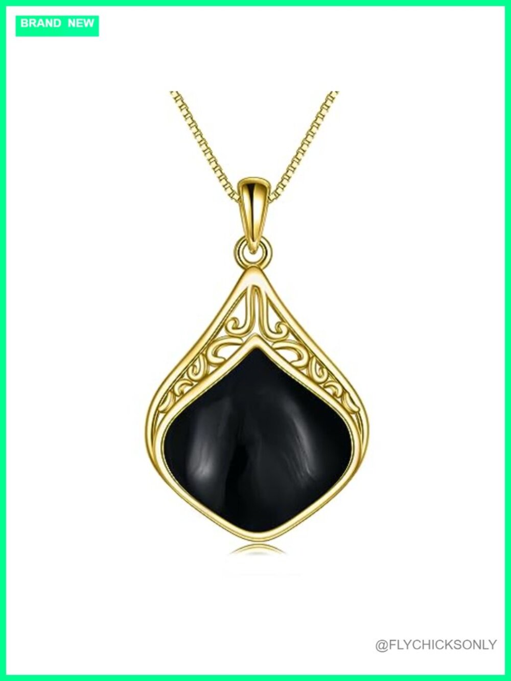 Sterling Silver 18K Yellow Gold Plated Onyx Pendant Necklace Filigree Boho